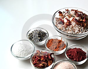Luxurious SPA bath salts and ingredients in bowls