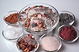 Luxurious spa bath salts with ingredients, closeup