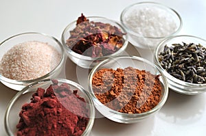 Luxurious spa bath salts ingredients, closeup