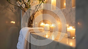 A luxurious spa bathroom boasts alcoves with marble walls each lit with a single candle to create a serene and tranquil