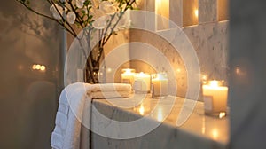 A luxurious spa bathroom boasts alcoves with marble walls each lit with a single candle to create a serene and tranquil photo