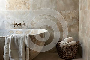 Luxurious spa-inspired bathroom design with natural stone tiles and freestanding tub