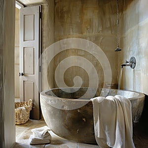 Luxurious spa-like bathroom with a rustic stone bathtub, natural textures, and serene atmosphere