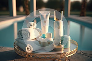 Luxurious Spa Products Mockup Brand and Towels by the Pool