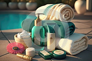 Luxurious Spa Products Mockup Brand and Towels by the Pool