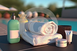 Luxurious Spa Products Mockup Brand and Towels by the Pool