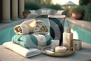 Luxurious Spa Products Mockup Brand and Towels by the Pool