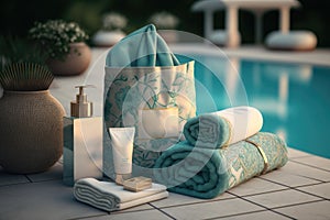 Luxurious Spa Products Mockup Brand and Towels by the Pool