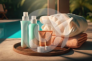 Luxurious Spa Products Mockup Brand and Towels by the Pool