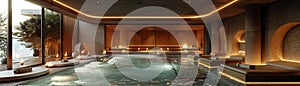 Luxurious spa with a serene pool area and relaxation lounges3D render