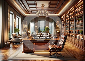 A luxurious and spacious home office interior, designed with a blend of modern and classic elements. The office boasts a