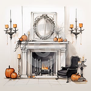 Luxurious Steampunk Inspired Halloween Fireplace With Chic Illustrations