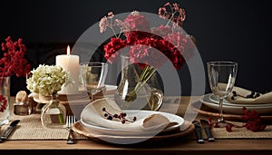 A luxurious still life wine bottle, glass, candle, flower bouquet generated by AI