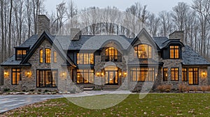 Luxurious Stone Mansion at Dusk