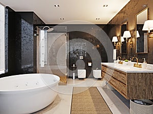 Luxurious-style bathroom with large bathtub, shower and double washbasin. Black marble walls