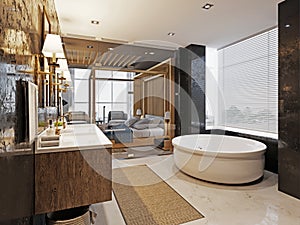 Luxurious-style bathroom with large bathtub, shower and double washbasin. Black marble walls