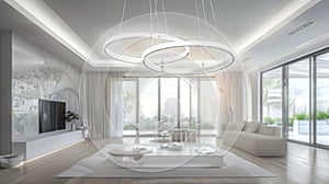 A luxurious and stylish living room with minimalist decor, featuring large windows, modern circular pendant lighting