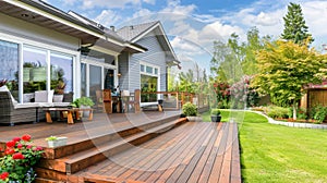 Luxurious Suburban Home Backyard in Summer with Wood Patio and Lush Landscaping