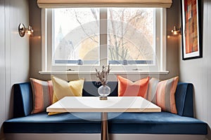 luxurious suede banquette with cushions next to a window