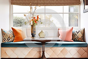 luxurious suede banquette with cushions next to a window