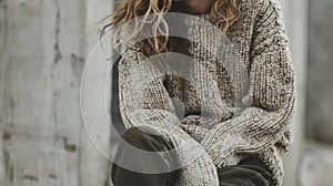 A luxurious sweater knit with a blend of merino wool and camel hair envelops the wearer in warmth and softness photo