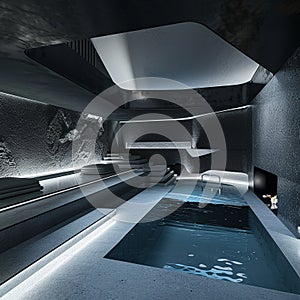 A luxurious swimming pool in a luxury mansion. Granite, finishing, expensive materials