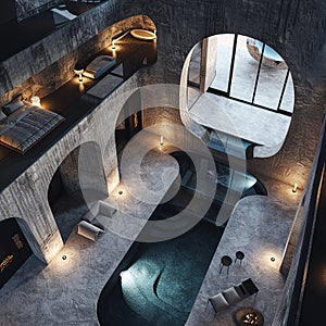 A luxurious swimming pool in a luxury mansion. Granite, finishing, expensive materials