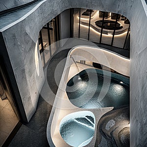 A luxurious swimming pool in a luxury mansion. Granite, finishing, expensive materials