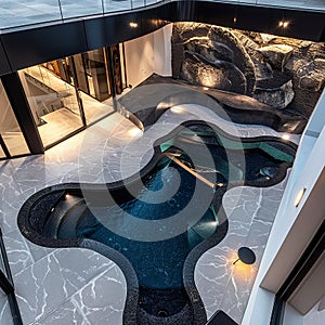 A luxurious swimming pool in a luxury mansion. Granite, finishing, expensive materials