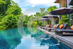 Luxurious swimming pool sun loungers with umbrellas nearby on a vacation