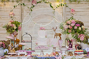 Luxurious table of sweets and birthday cake