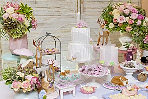 Luxurious table of sweets and birthday cake