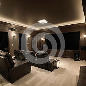 Luxurious theater room with large screen and lighting