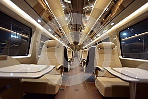 luxurious train interior at night, illuminated with warm lighting, featuring comfortable, spacious seating and clean