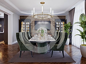 Luxurious trendy dining room interior in art deco style, beige interior with green furniture. Rectangular table with six chairs