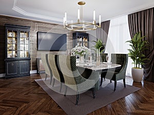 Luxurious trendy dining room interior in art deco style, beige interior with green furniture. Rectangular table with six chairs