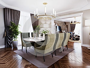 Luxurious trendy dining room interior in art deco style, beige interior with green furniture. Rectangular table with six chairs