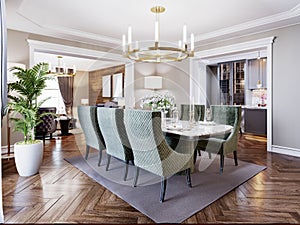 Luxurious trendy dining room interior in art deco style, beige interior with green furniture. Rectangular table with six chairs