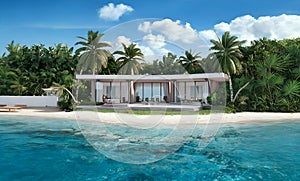 luxurious tropical bungalow, nestled on a private island around azure clear water. travel and relax concept. Ai generated