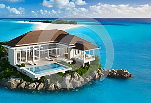 luxurious tropical bungalow, nestled on a private island aroung azure clear water. travel and relax concept. Ai generated