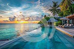 Luxurious Tropical Resort Infinity Pool at Sunset, Exotic Holiday Destination with Palm Trees and Ocean View