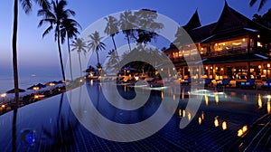 Luxurious tropical resort pool at night surrounded by palm trees and illuminated by soft lighting