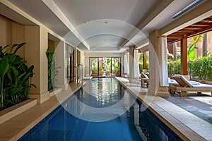 Luxurious tropical resort swimming pool in modern light villa, swimming pool in backyard, summer vacation, tourism