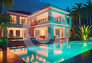 Luxurious tropical villa with swimming pool and exquisite architecture in a lush green garden