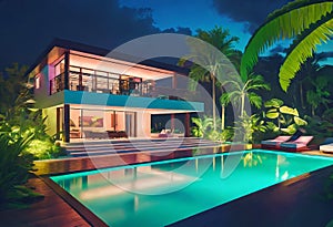 Luxurious tropical villa with swimming pool and exquisite architecture in a lush green garden