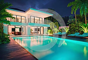 Luxurious tropical villa with swimming pool and exquisite architecture in a lush green garden