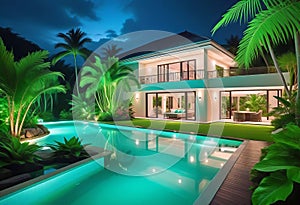 Luxurious tropical villa with swimming pool and exquisite architecture in a lush green garden