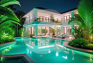 Luxurious tropical villa with swimming pool and exquisite architecture in a lush green garden