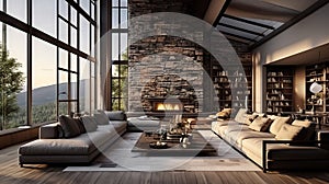 Luxurious Urban Retreat Interior of a Living Room in a Penthouse Loft with Dark Stone Walls and Gleaming Hardwood Floors. created