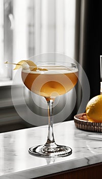 Luxurious vibrant cocktail in modern glass on white background exuding refinement and elegance photo